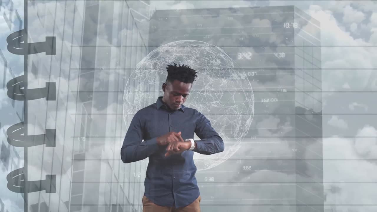 animación de un hombre de negocios afroamericano usando un reloj inteligente sobre el globo y un edificio moderno