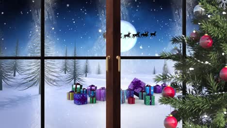 Animation-of-winter-christmas-scene-with-santa-sleigh-seen-through-window