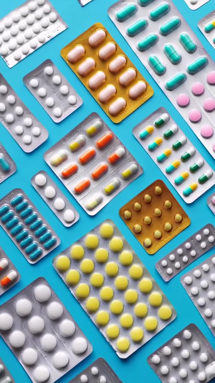 Pillole farmaceutiche assortite in blister su sfondo blu
