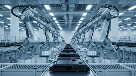 a futuristic manufacturing facility featuring advanced robotic arms in precision assembly lines, showcasing the power of automation in modern production