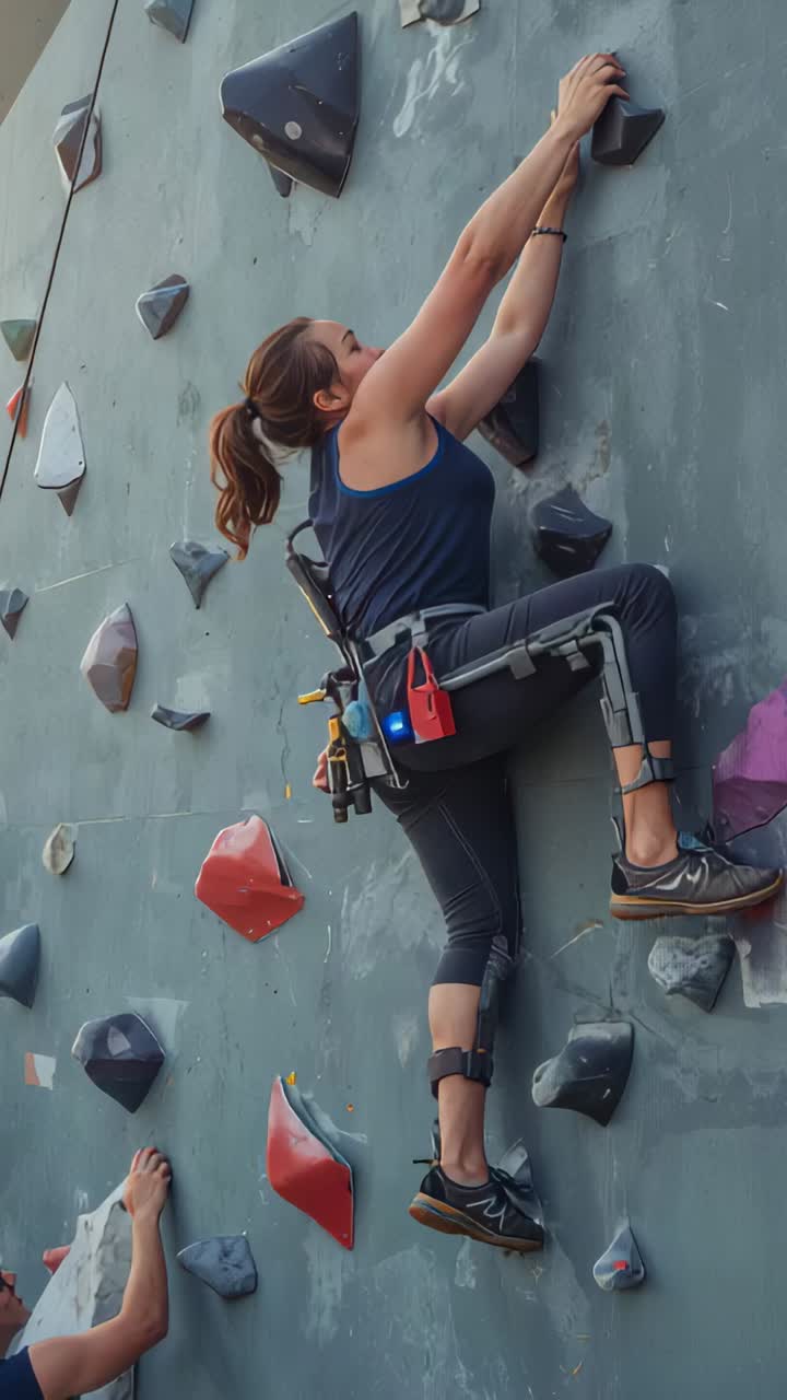 Vertical video: Starting high, climber pulling up on gym wall in blue top exo harness reaching hold