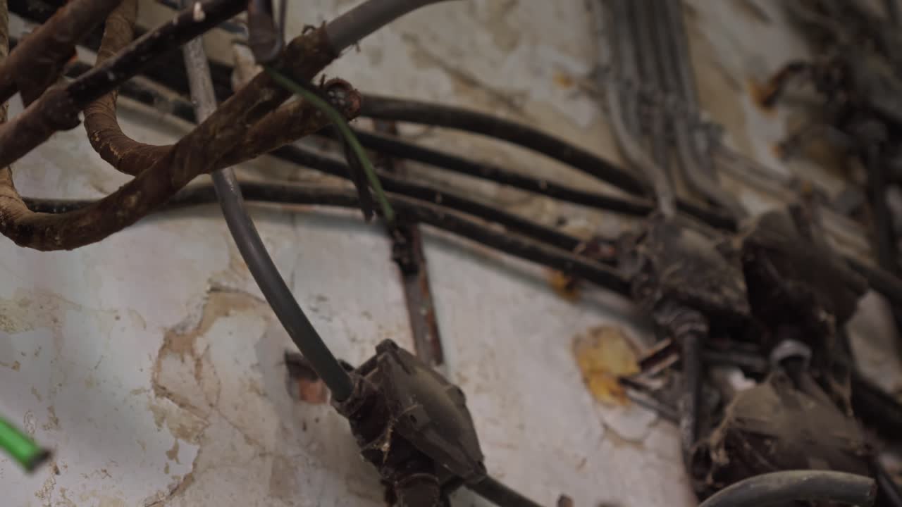 Broken electrical wiring inside abandoned ruin revealing decay and neglect