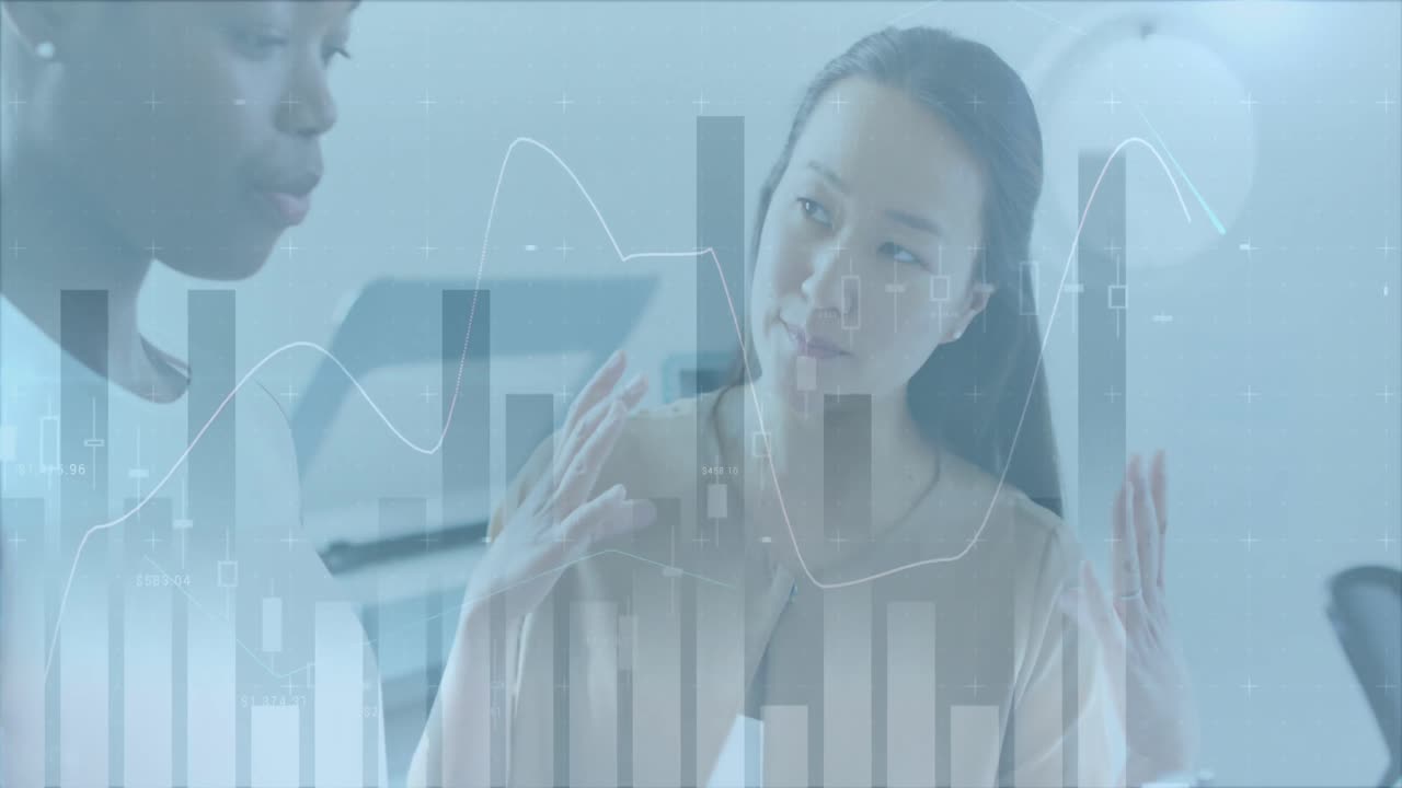 사무실에서 이야기하는 다양한 사업가들에 대한 데이터 처리 애니메이션