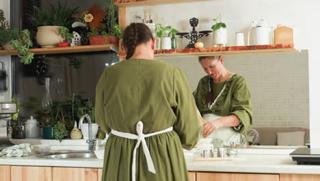 woman in green gown with white apron stands in rustic kitchen preparing lunch while her actions are clearly reflected in large mirror, surrounded by natural plants, kitchen utensils