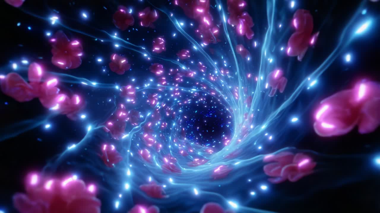 A mesmerizing journey through a vibrant, swirling tunnel of luminescent blue light and blooming pink flowers, creating a magical and enchanting visual experience that captivates the imagination