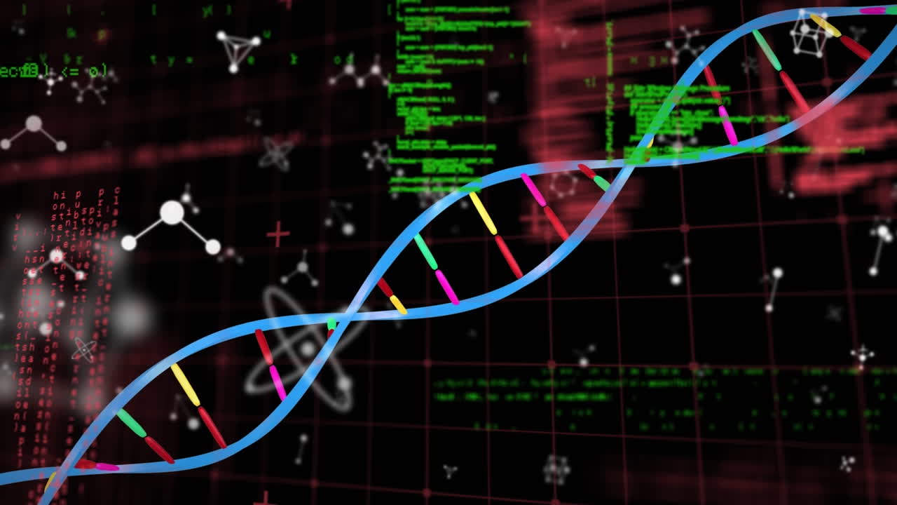 검은색 배경에 있는 dna 줄의 애니메이션과 데이터 처리