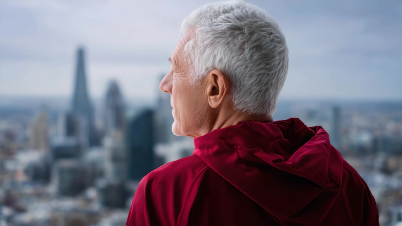 Uomo contemplativo con una giacca rossa che osserva lo skyline della città, un simbolo di riflessione e connessione con la vita urbana e il viaggio personale attraverso la città