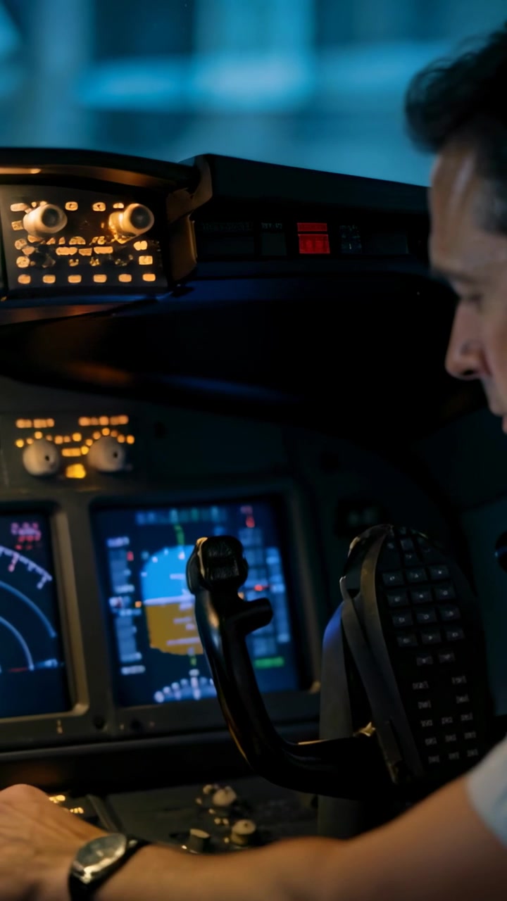 Vertical video: Pilot right-seat in shirt monitoring PFD and adjusting yoke in cockpit, copy space