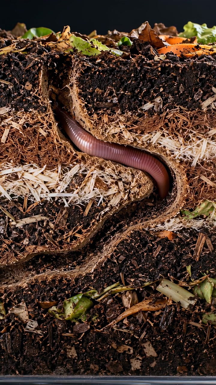Pink-brown earthworm steadily advances along an exposed soil burrow as its body bends through packed earth, surrounded by fine roots, mulch fragments, and organic material.