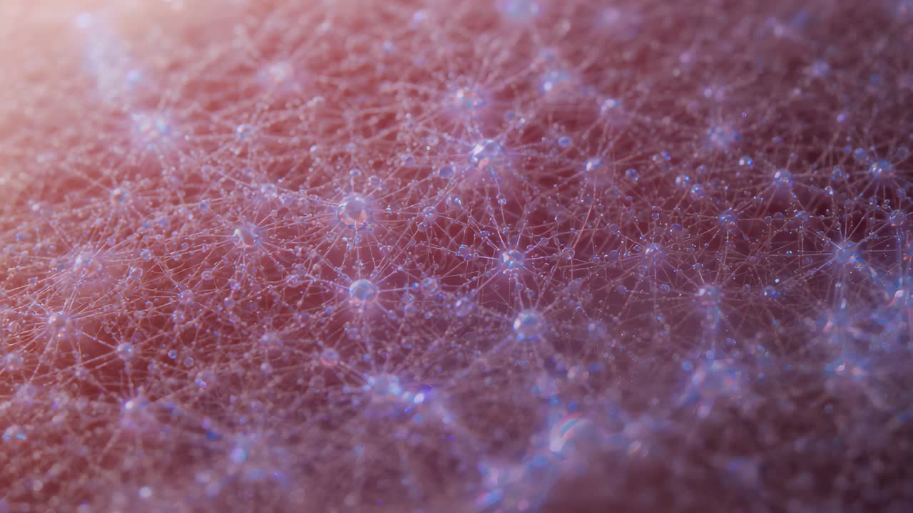 Schwenkende Kamera, die ein Filamentnetz auf einer rotbraunen Oberfläche in Makroaufnahme zeigt und pulsierende blaue Knoten zeigt