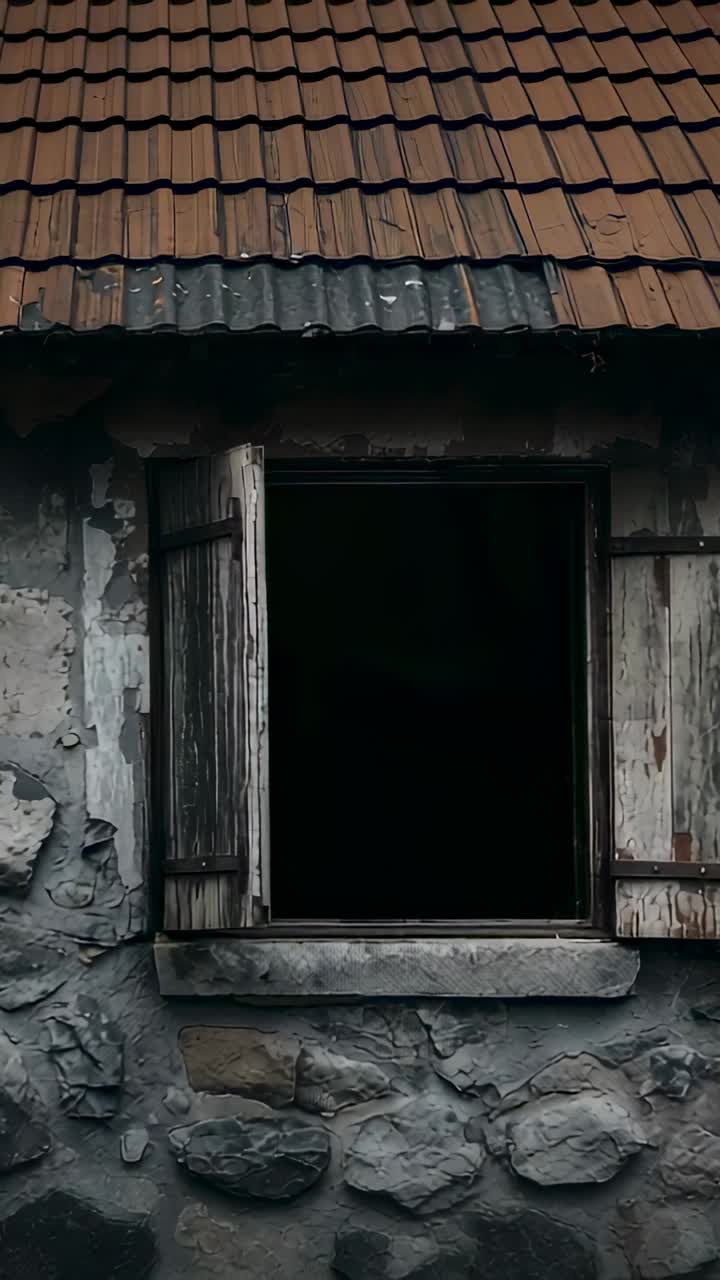 Video verticale: la fotocamera si concentra sulla facciata esterna di un edificio in pietra invecchiata con persiane in legno