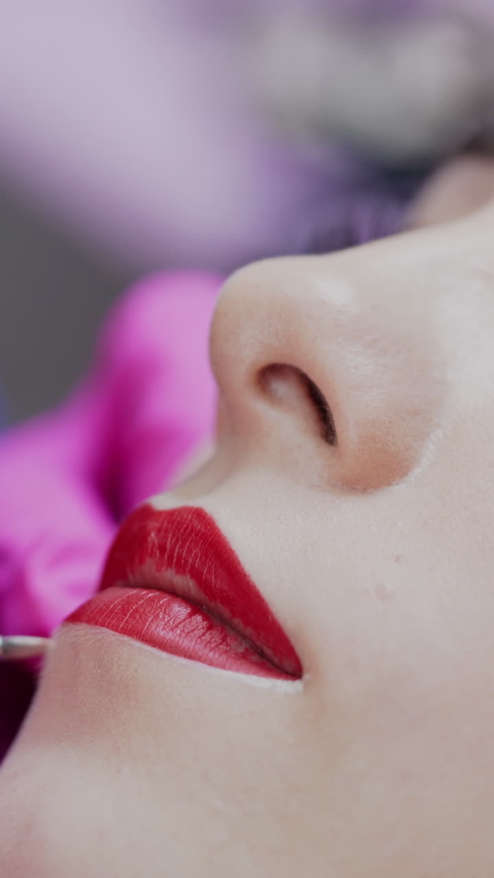 Cosmetic artist applying permanent makeup on lips. Cosmetology procedure. Professional tattooist making permanent make up to a girl. Close-up. Vertical video