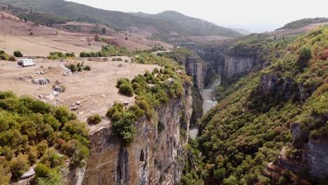 motorhome at osum river canyon in south albania, aerial
