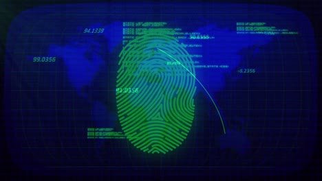 Data-processing-over-biometric-fingerprint-scanner-against-world-map-on-blue-background