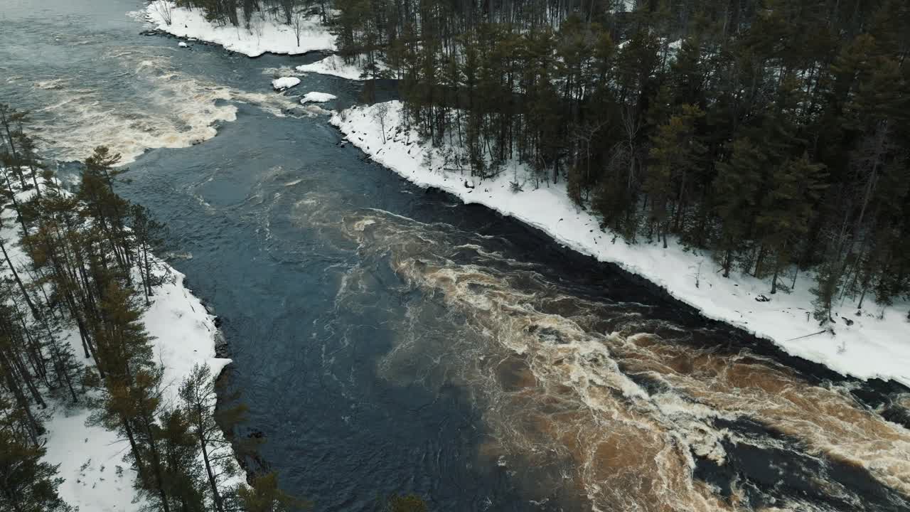 Dronekuva Ottawa-joen Lornen koskista talvella Kanadassa