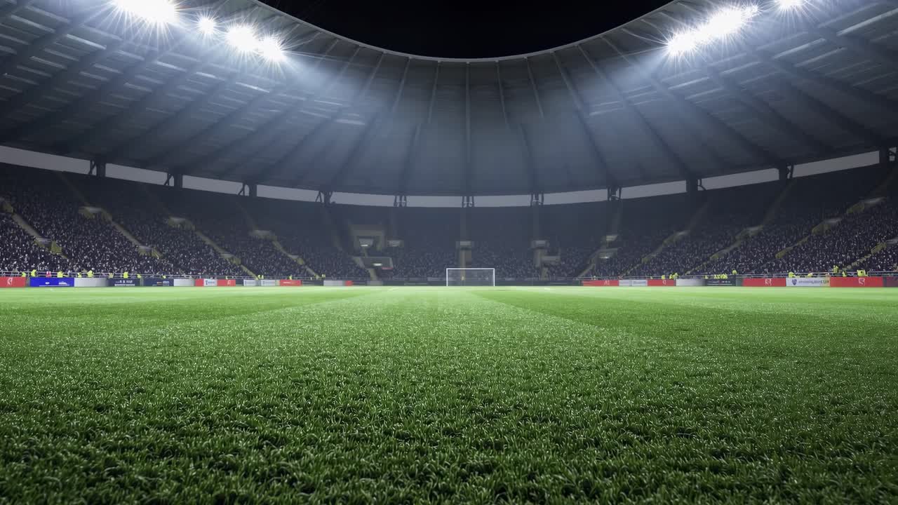 Lush green football field awaits players as bright lights illuminate the empty stands of a large stadium, creating an atmosphere of anticipation before kickoff
