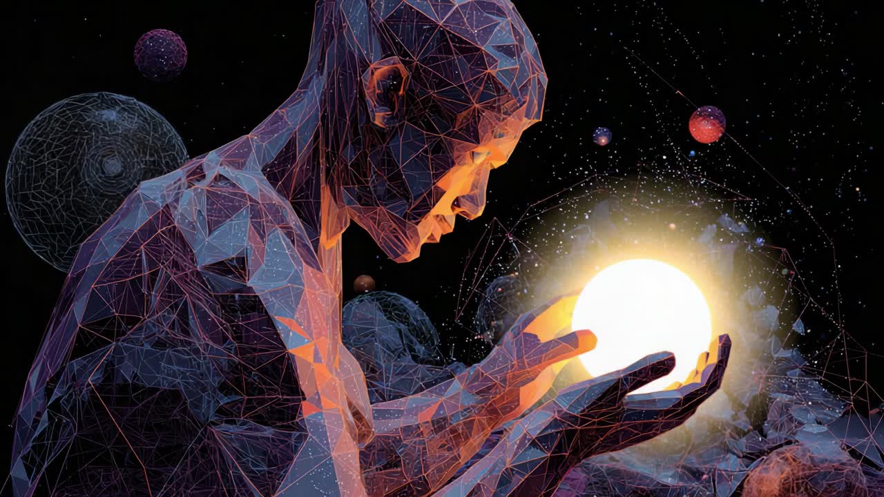 A Digital Human Figure Holding a Radiant Sphere of Light, Symbolizing the Connection Between Humanity and Cosmic Energy, in a Stunningly Crafted Abstract Visual Representation of Existence and Curiosity