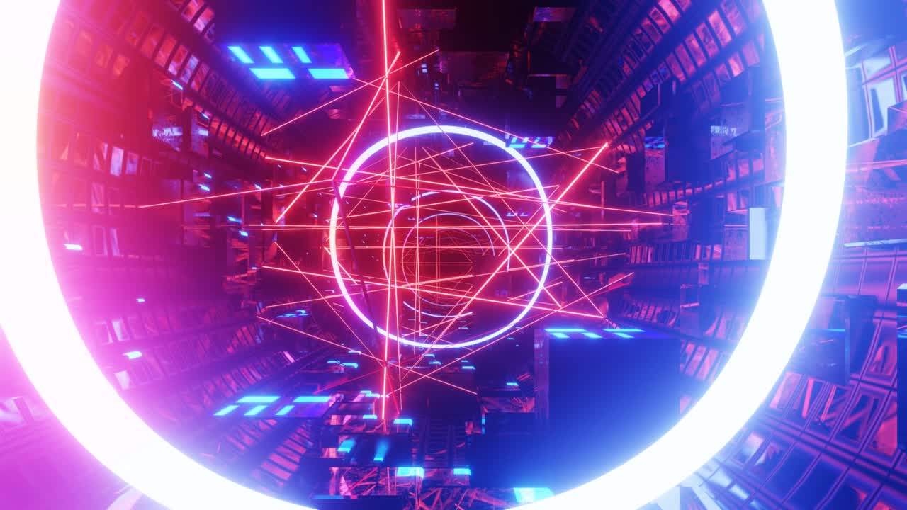 el túnel de ciencia ficción de neón de alta tecnología. las líneas de brillo de neón a la moda forman patrones y construcciones en el túnel del espejo. el hermoso túnel de neón. volar a través del ciberespacio tecnológico. láser en bucle 3d sin costuras 4k juventud brillante bg.