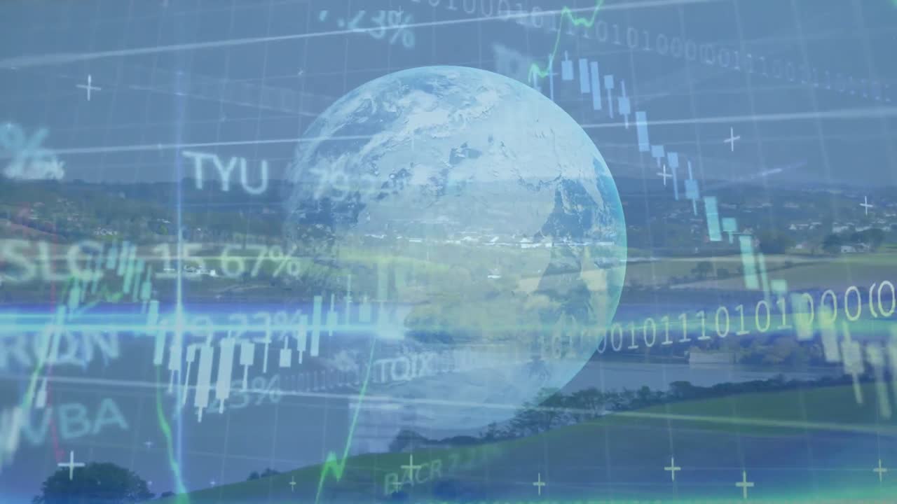 금융 데이터 처리 및 전 세계 풍경의 애니메이션