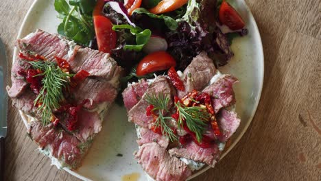 beef steak sandwich with salad