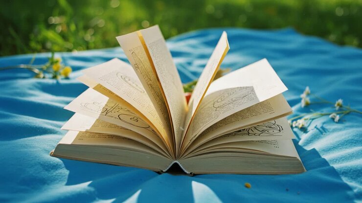 Un libro aperto su una coperta blu, circondato dalla natura, con illustrazioni disegnate a mano e pagine accattivanti in un sereno ambiente esterno