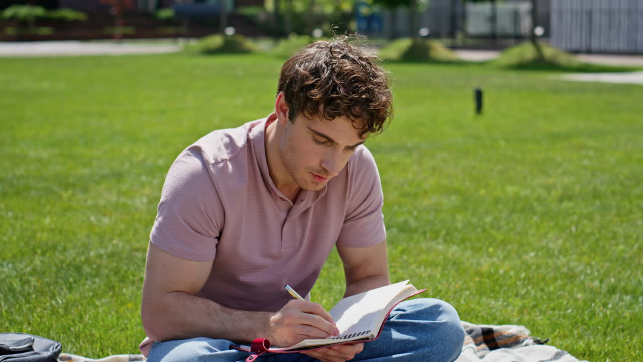 Student greeting online lesson sitting green park closeup. Man online conference
