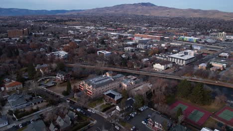 aerial view of reno, nevada usa, homes, retirement community and hawkins house along truckee river