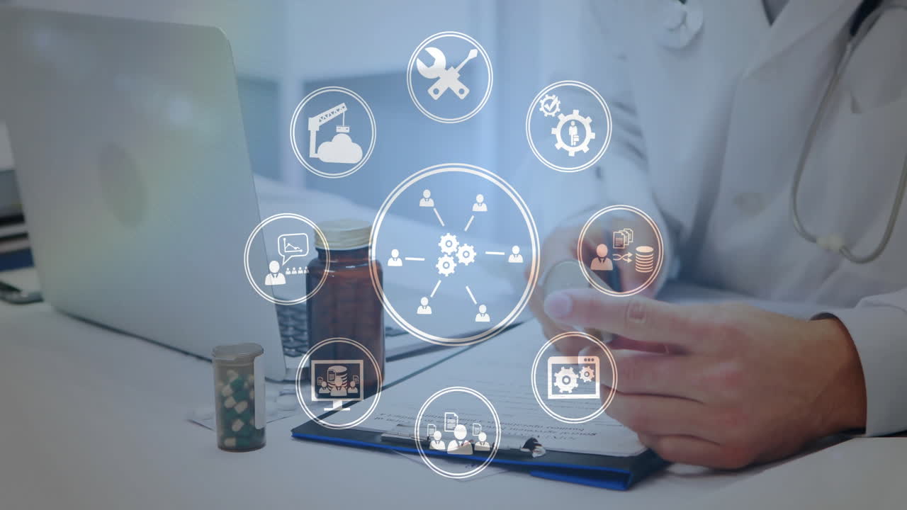 Holding clipboard and medication, medical professional with healthcare technology icons animation
