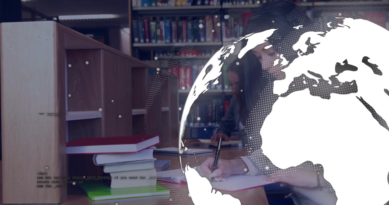 Seorang wanita menulis catatan di meja, dengan globe animasi melayang melintasi, sebagian menutupi dirinya dan buku-buku untuk belajar.