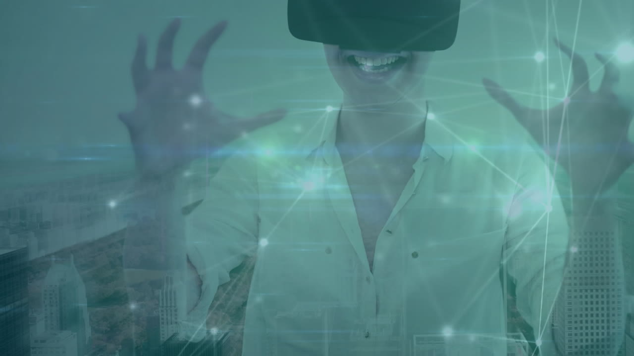 Glowing network of connections over woman wearing vr headset against cityscape