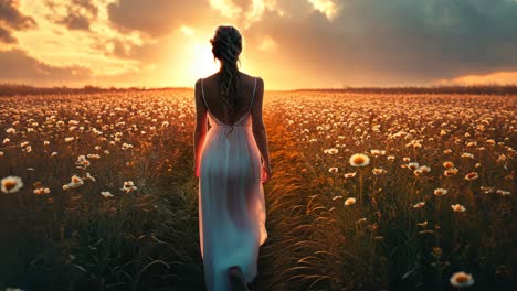 woman in a white dress walking through a blooming flower field at sunset