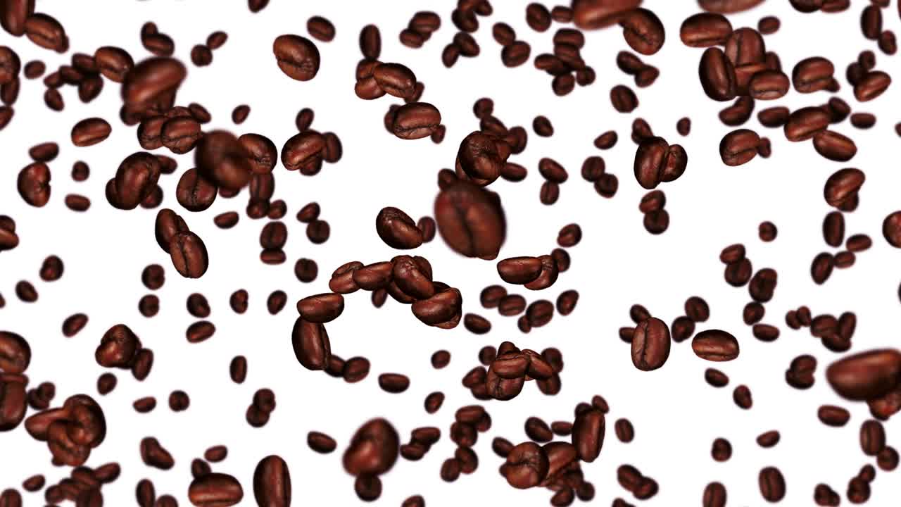 Molti chicchi di caffè che volano su sfondo bianco. Bevanda alla caffeina, Colazione, Aroma. Animazione 3D di chicchi di caffè tostati che ruotano. Animazione in loop