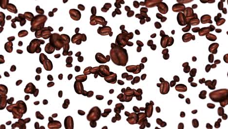 volando muchos granos de café en fondo blanco. bebida de cafeína, desayuno, aroma. animación 3d de granos de cafe tostados girando. animación de bucle.