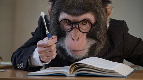 monkey in a suit reading a book