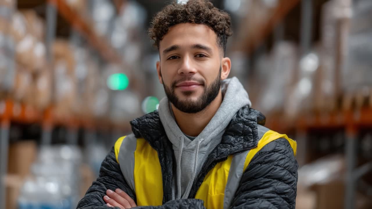 Confident Warehouse Worker Smiling in Uniform: A Dedicated Employee Showcasing Professionalism in a Well-Organized Facility