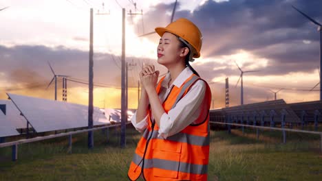 side view of asian female engineer with safety helmet pray for something with solar panel and wind turbines