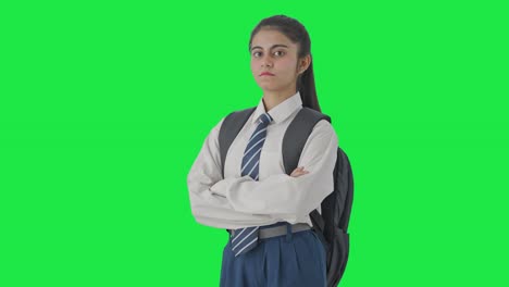 retrato de una estudiante india segura de pie con las manos cruzadas pantalla verde