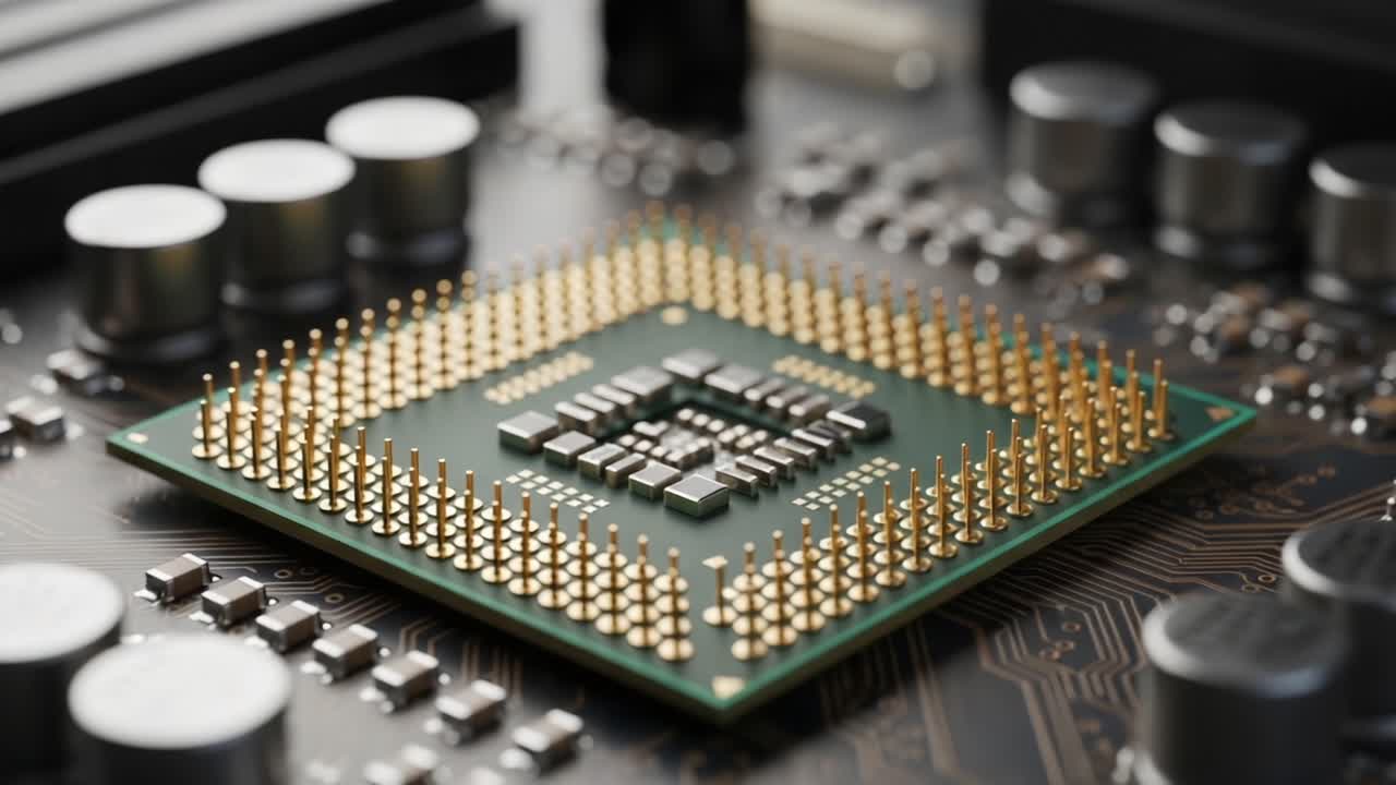 Detailed Close-Up View of a Computer Microprocessor Chip Surrounded by Electronic Components on a Circuit Board, Showcasing Advanced Technology and Design
