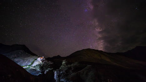 dark star sky and milky way rising above diskit monastery, nubra valley, ladakh