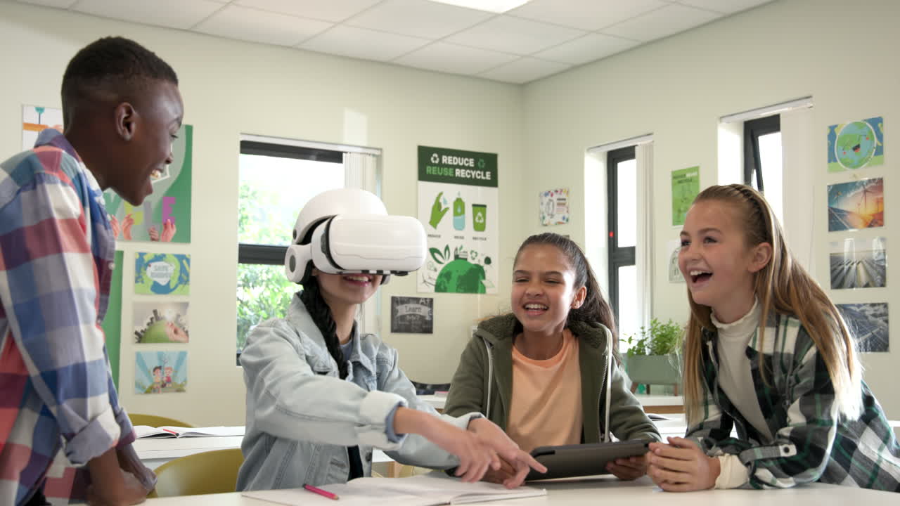 In school, multiracial students collaborating eagerly exploring virtual reality and tablet