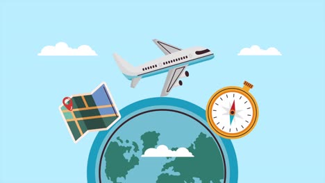 world travel with airplane, map, and compass