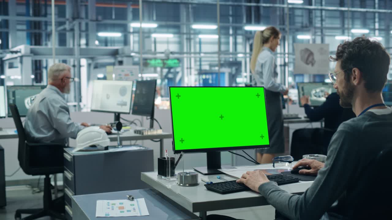 자동차 공장 사무실: 그린 스크린 크로마 키 컴퓨터에서 일하는 책상에 앉아있는 남성 자동차 엔지니어. 자동 로 팔 조립 라인 제조. 중간 폭의 아크.
