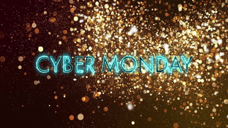 cyber monday text animation over golden glittering particles background