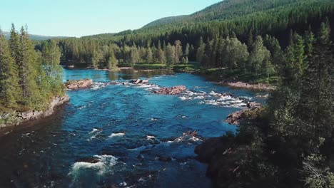 Forward-drone-shot-between-trees-over-a-river-in-a-large-forest-in-mid-Norway