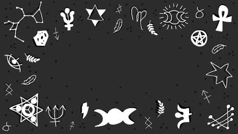 animación en bucle de símbolos ocultos y esotéricos blancos en un fondo negro