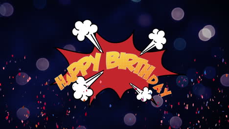animación del texto de feliz cumpleaños en la burbuja de discurso retro con confeti cayendo en azul oscuro