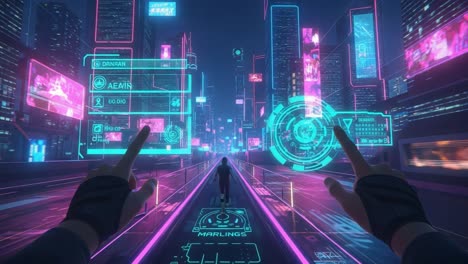 exploring a neon cyberpunk cityscape with holographic interfaces and futuristic technology: a journey through a virtual world of bright lights and digital innovation