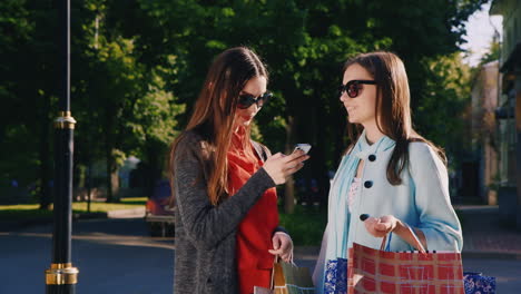 dos amigas con bolsas de compras usaron un teléfono inteligente al aire libre video hd