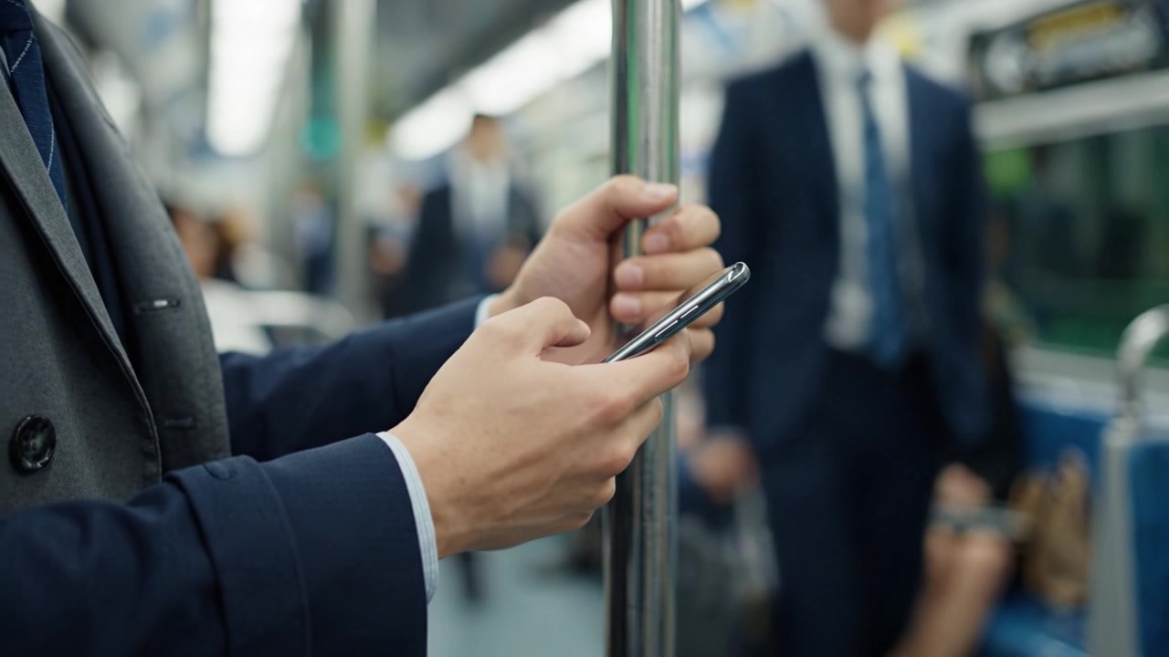 Un pendolare intento con lo smartphone mentre si tiene a un palo all'interno di una metropolitana all'alba, catturando l'essenza del viaggio moderno e dello stile di vita urbano in movimento.