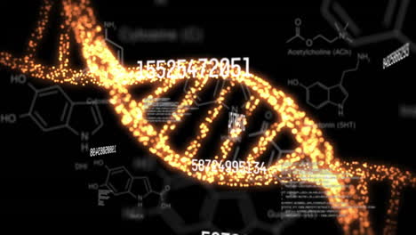 animation of data processing over dna strand and chemical formula